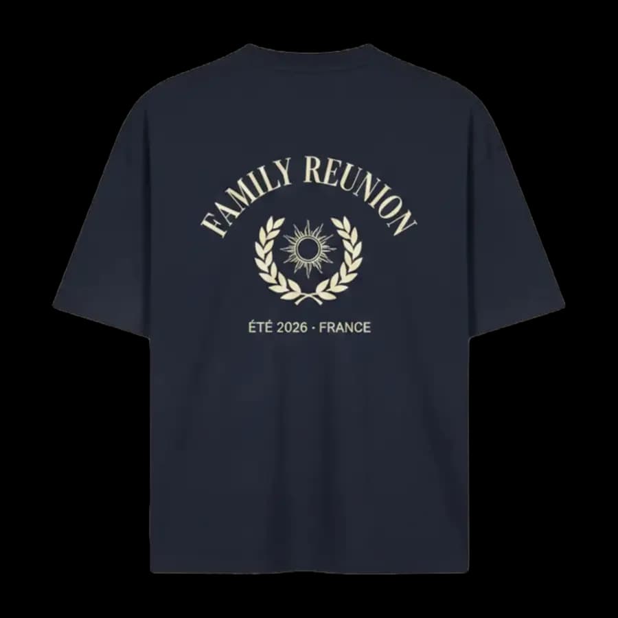T-shirt bleu marine personnalisé, Family Reunion Été 2026 France imprimé au dos