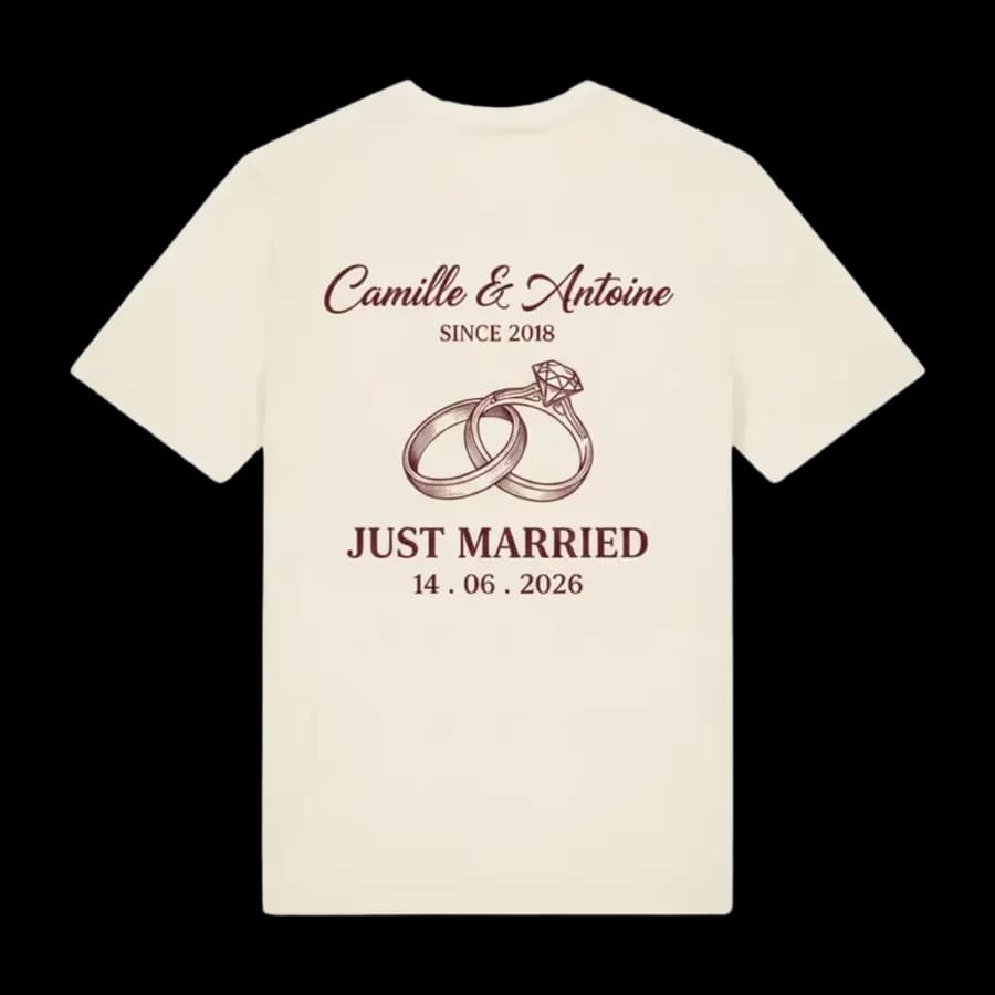 T-shirt crème personnalisé mariage, prénoms et Just Married imprimés au dos