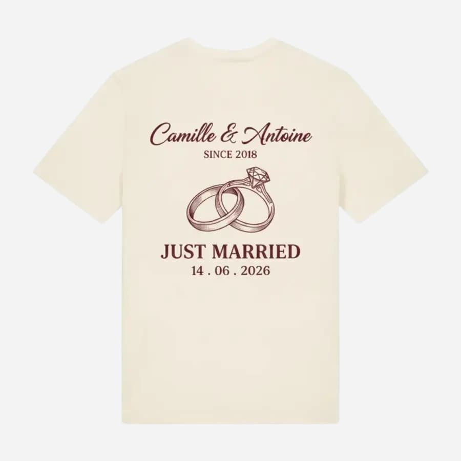 T-shirt crème personnalisé mariage, prénoms et Just Married imprimés au dos